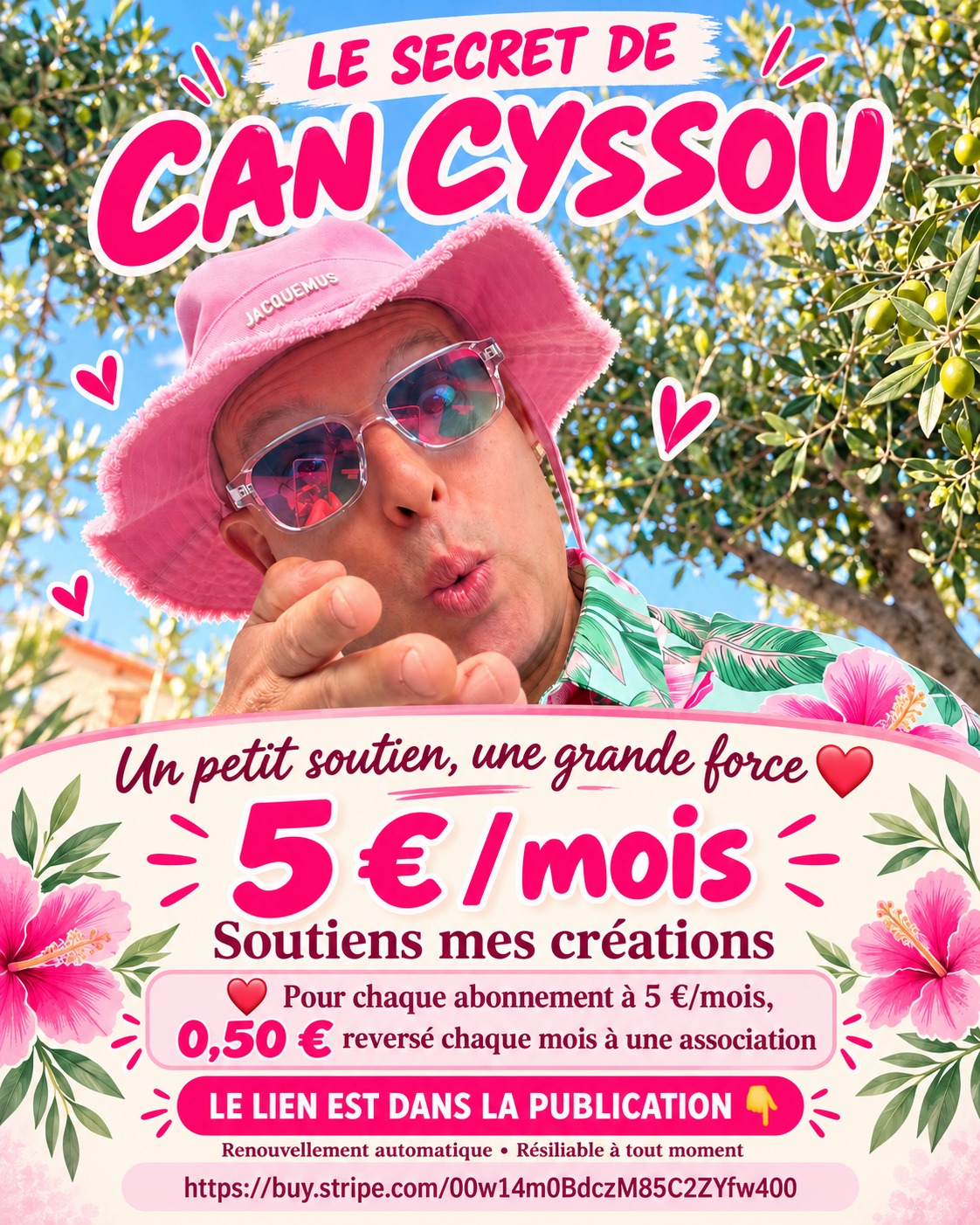 Affiche de soutien Can Cyssou : 5 euros par mois, dont 50 centimes reversés chaque mois à une association